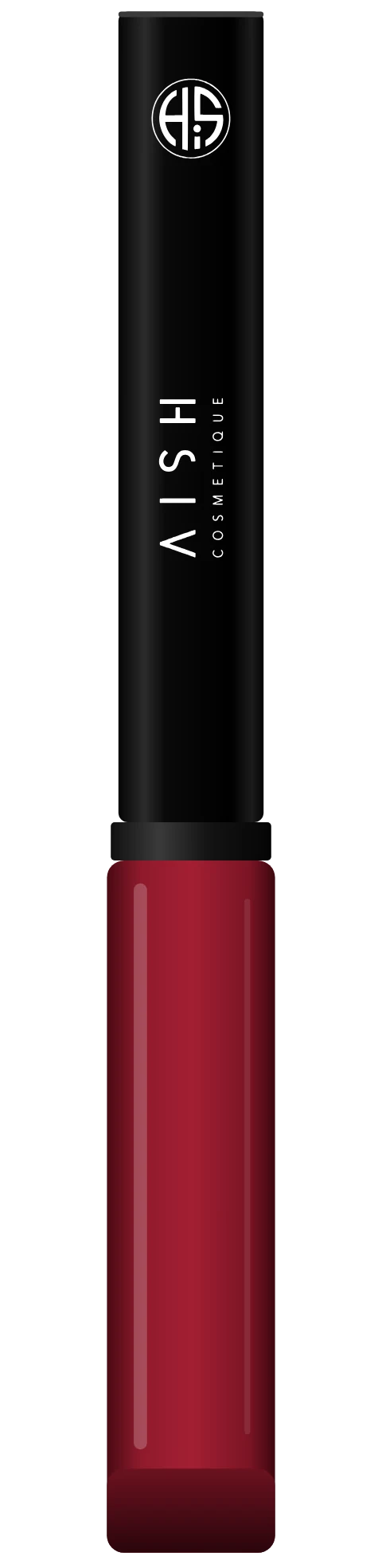 Rouge à lèvres liquide mat Aish, capuchon noir au monogramme Aish et tube rouge